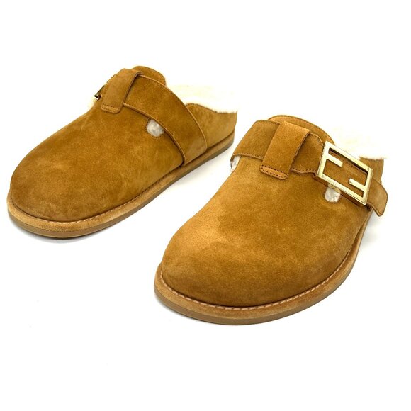 FENDI Feel FF Shearling  Buckled Sabots Mules Slides Flat Clog Sandals - Picture 12 of 16